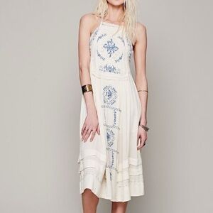 Free People Diamonds in the Sky Embroidered Midi Dress White & Blue M